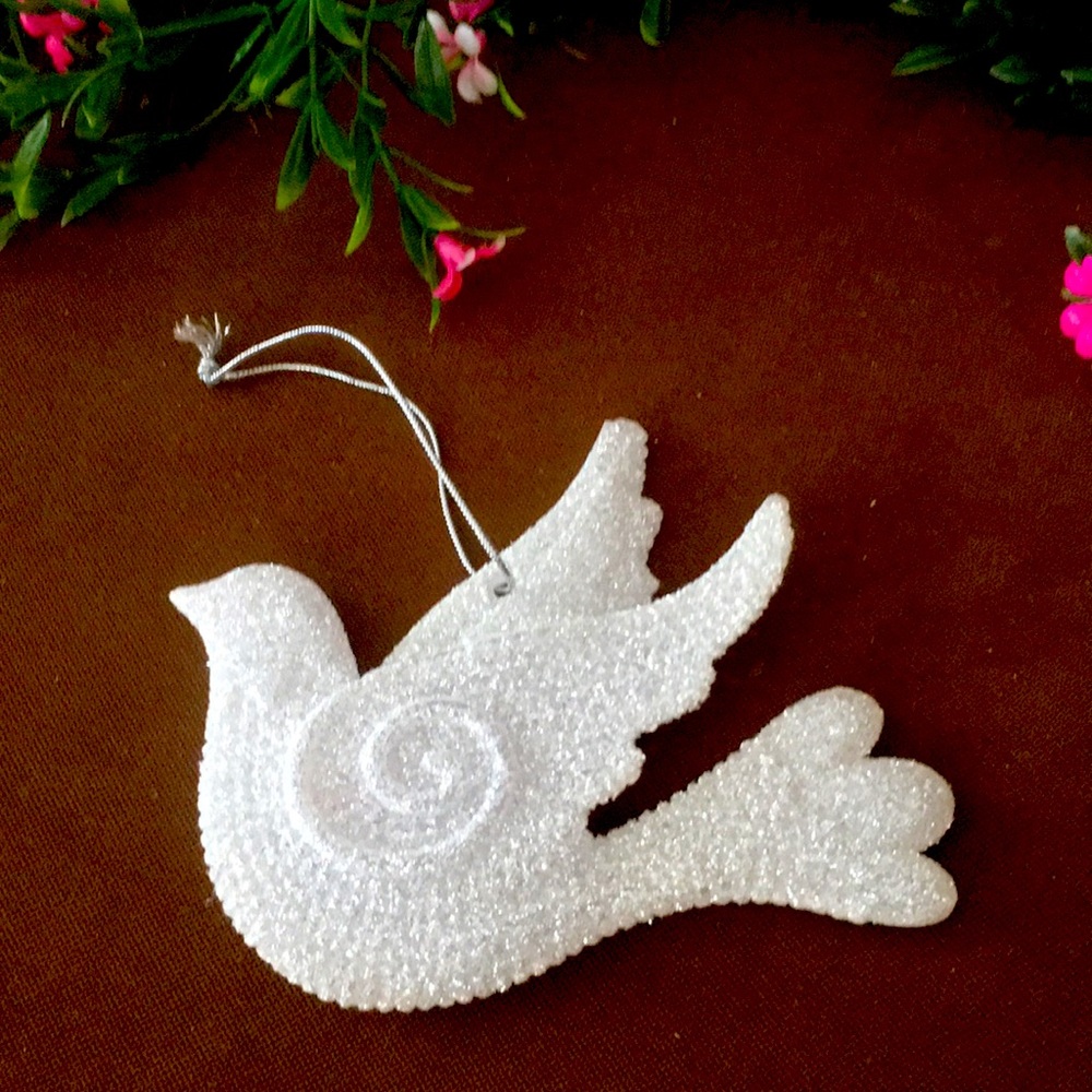 Large 5"x4" White & Silver Glitter Dove If Peace Christmas Ornament